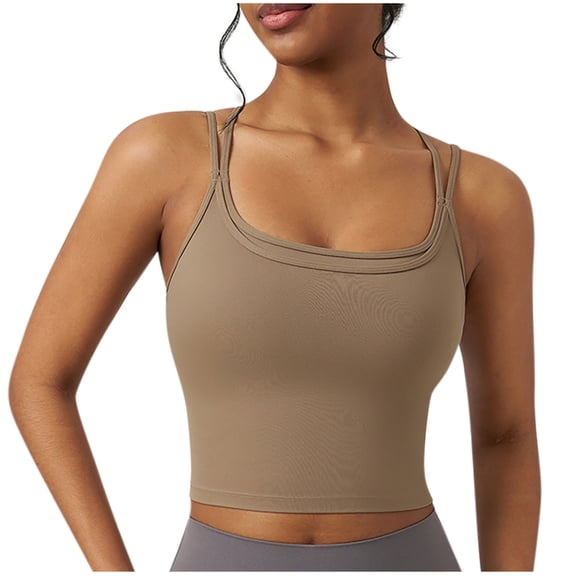 Womens Tank Tops- Women's Slim Sleeveless Scoop Neck Y-Shaped Back Shapewear Fashion Solid Color Yoga Sport Cami Tops Khaki L