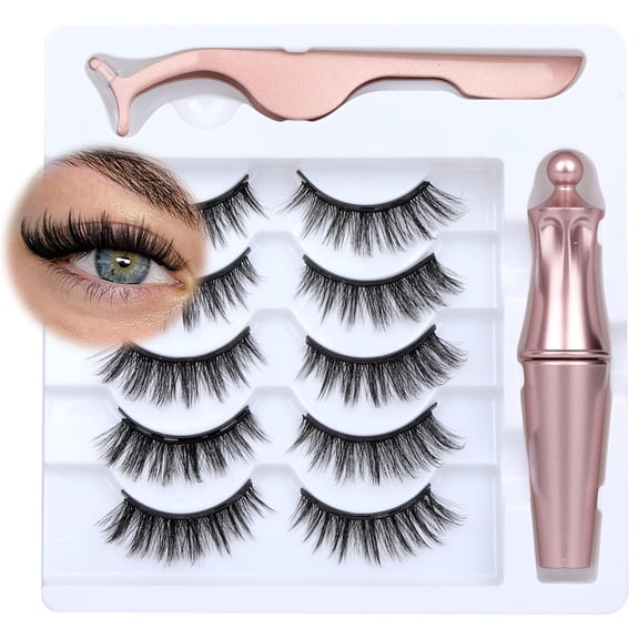 Newcally Magnetic Eyelashes with TSF6 Eyeliner Kit Reusable Wispy Lashes Natural Look Magnetic Lashes Kit C-curly No Glue Needed 5 Pairs False Lashes with Magnetic Eyeliner & Tweezers