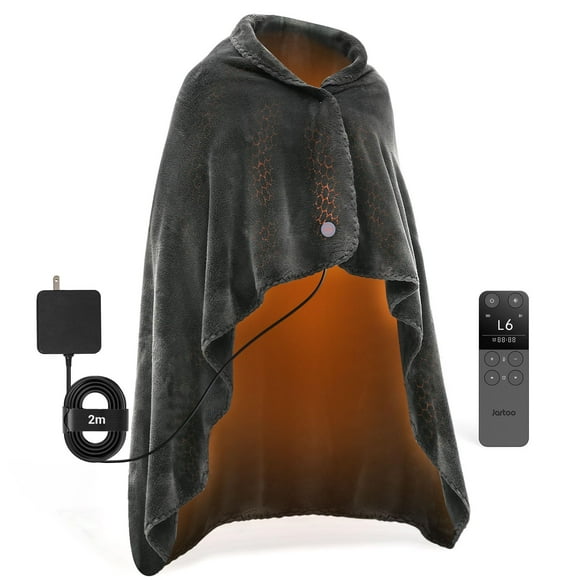 Jartoo Nano Heated Blanket Electric Throw, Portable Washable Heated Shawl Wraps - 24V Safe & Eco, 30s Far Infrared Heating, Cordless Remote with 6 Heating Levels & 5 Time Settings (50""x60"", Grey)