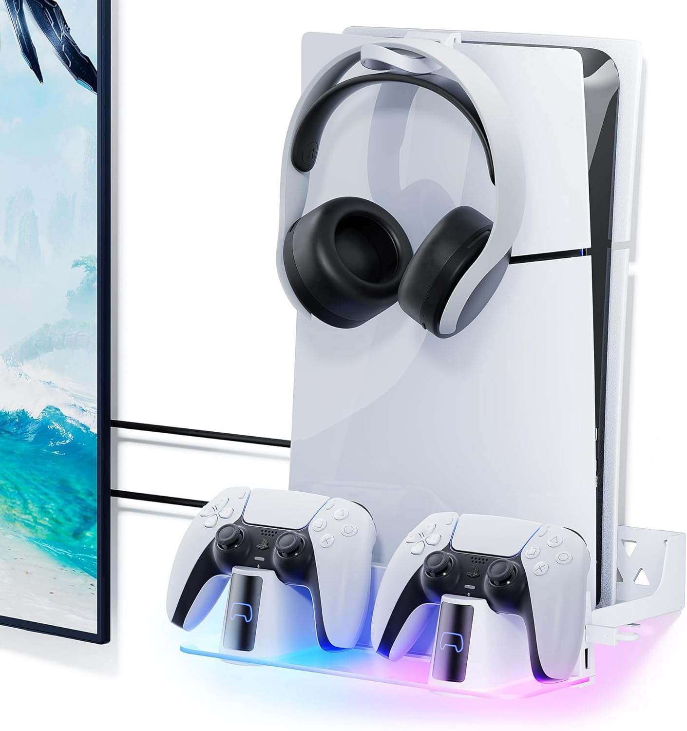 PS5 RGB Wall Mount Kit with Dual Charging Station, Shelf Mount Compatible with Both PS5 and New PS5 Slim Consoles, Wall Hanging Stand for Playstation 5 Accessories with Headset Holder