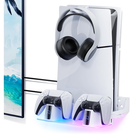 PS5 RGB Wall Mount Kit with Dual Charging Station, Shelf Mount Compatible with Both PS5 and New PS5 Slim Consoles, Wall Hanging Stand for Playstation 5 Accessories with Headset Holder