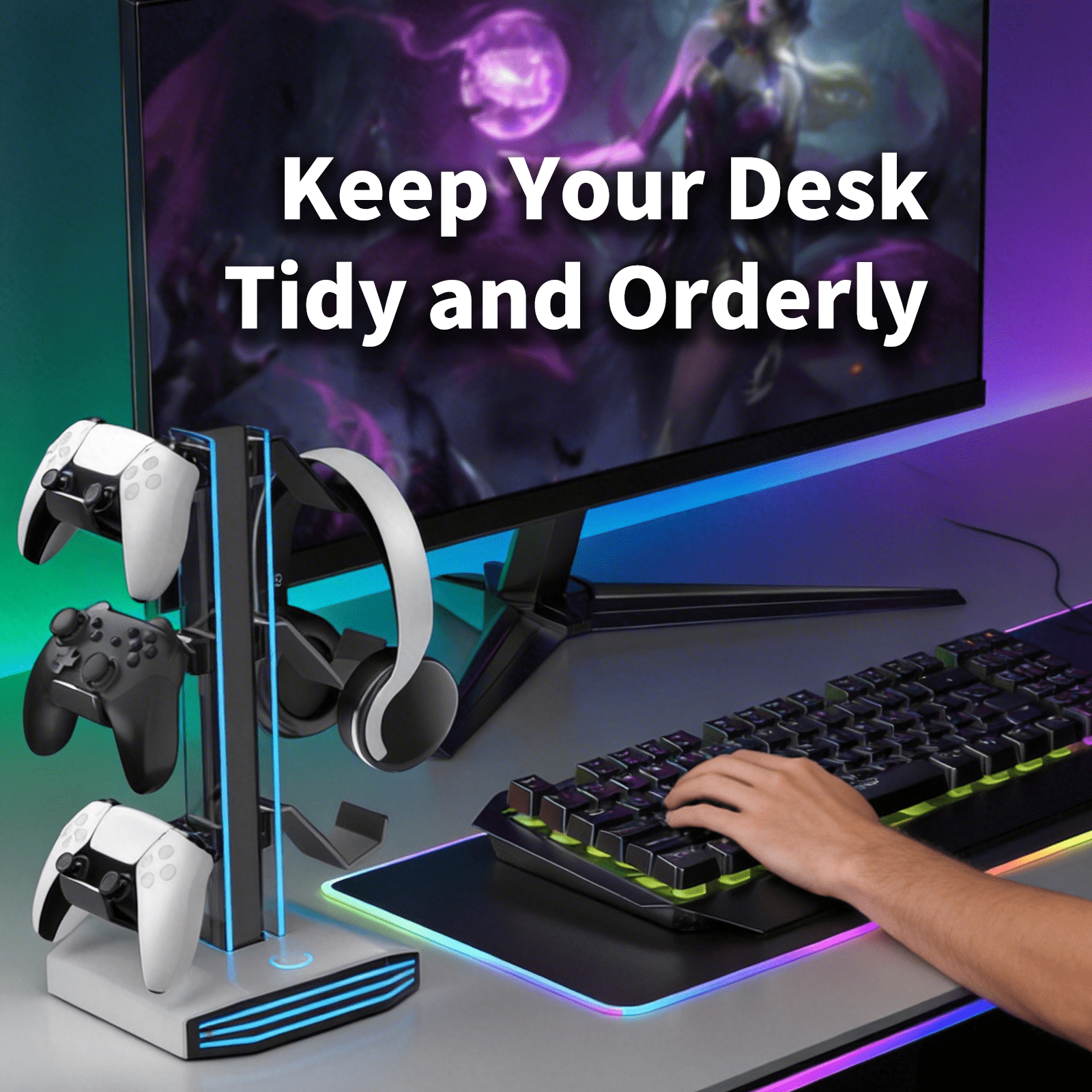Universal Game Controller Holder, RGB Multi-Color Light Headphone Stand for PS5, Xbox, Switch Desk Organizer