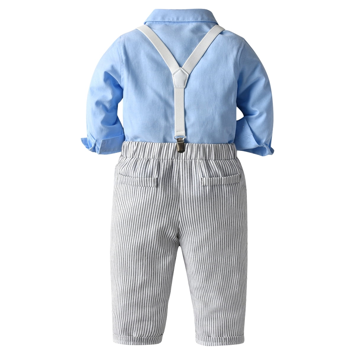 IDOPIP Toddler Kids Baby Boys Gentleman Outfit Striped Shirt with Bowtie + Long Suspender Pants Overalls Clothes Wedding Baptism Formal Suit