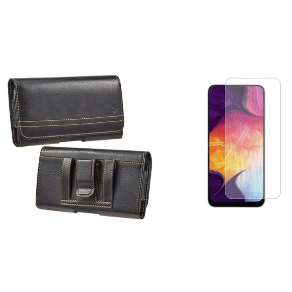 Holster and Screen Protector Bundle for Samsung Galaxy A13 4G: Horizontal Pro Belt Pouch Case (Black) and (2-Pack) Tempered Glass Shield
