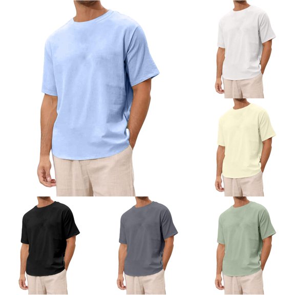 XIYON Mens T Shirts Men's Linen Solid Color Short Sleeve T-Shirt Crew Neck Beach Top Vintage T Shirt For Men Beach Vacation