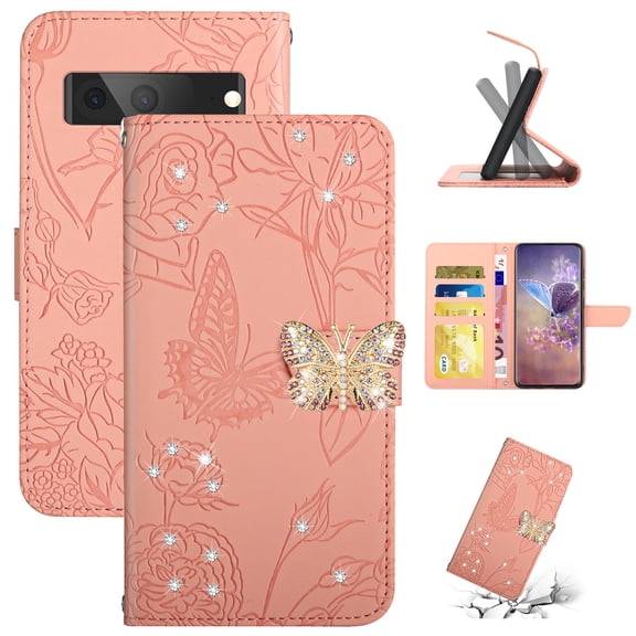 SaniMore Case for Google Pixel 7A 6.1" 2023, [Crossbody/Wrist Lanyard] PU Leather Embossed Butterfly [Diamond Clasp] Card Slots Kickstand Shockproof Glitter Wallet Shell, Pink