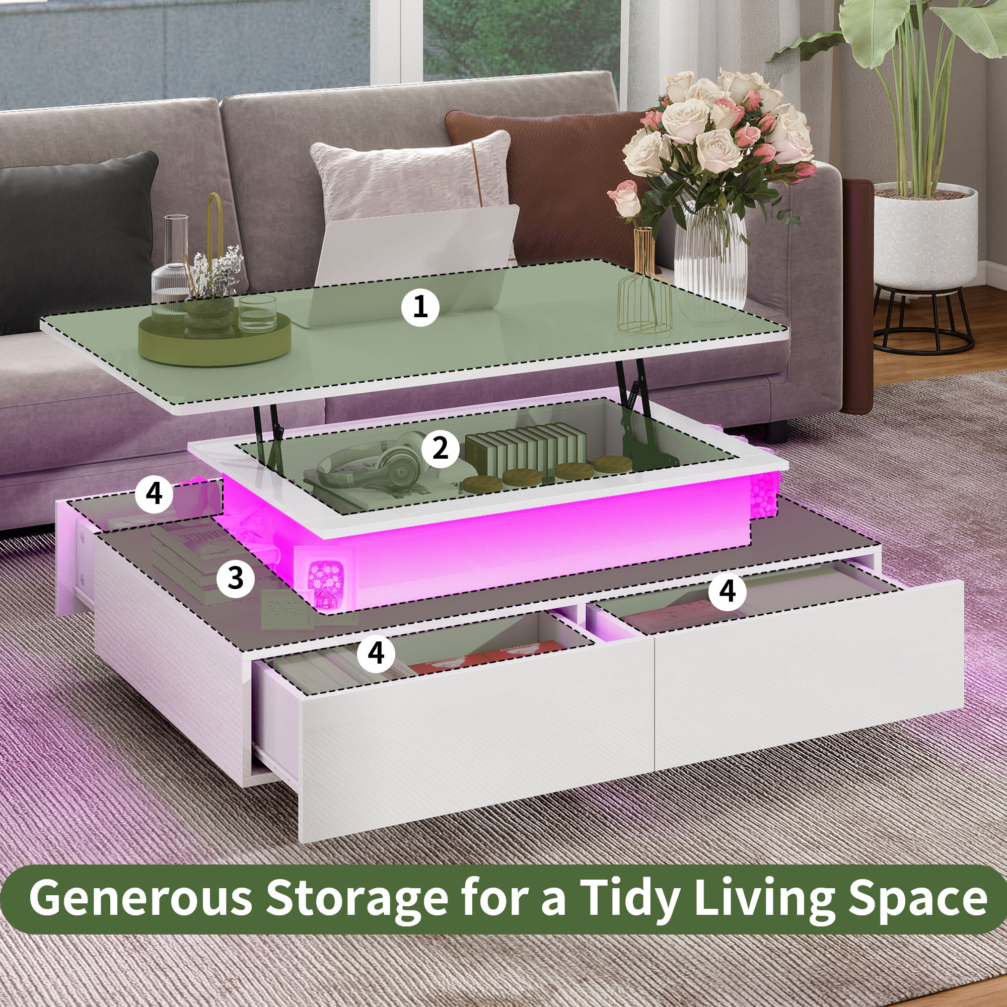 Uforic LED Lift Top Coffee Table with 4 Drawers and Hidden Storage, Modern White Finish