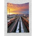 thumbnail image 1 of Train Track Tapestry, Cargo Railroad Industry Themed Photo at Station with Dramatic Sunset Sky, Wall Hanging for Bedroom Living Room Dorm Decor, 60W X 80L Inches, Multicolor, by Ambesonne, 1 of 2