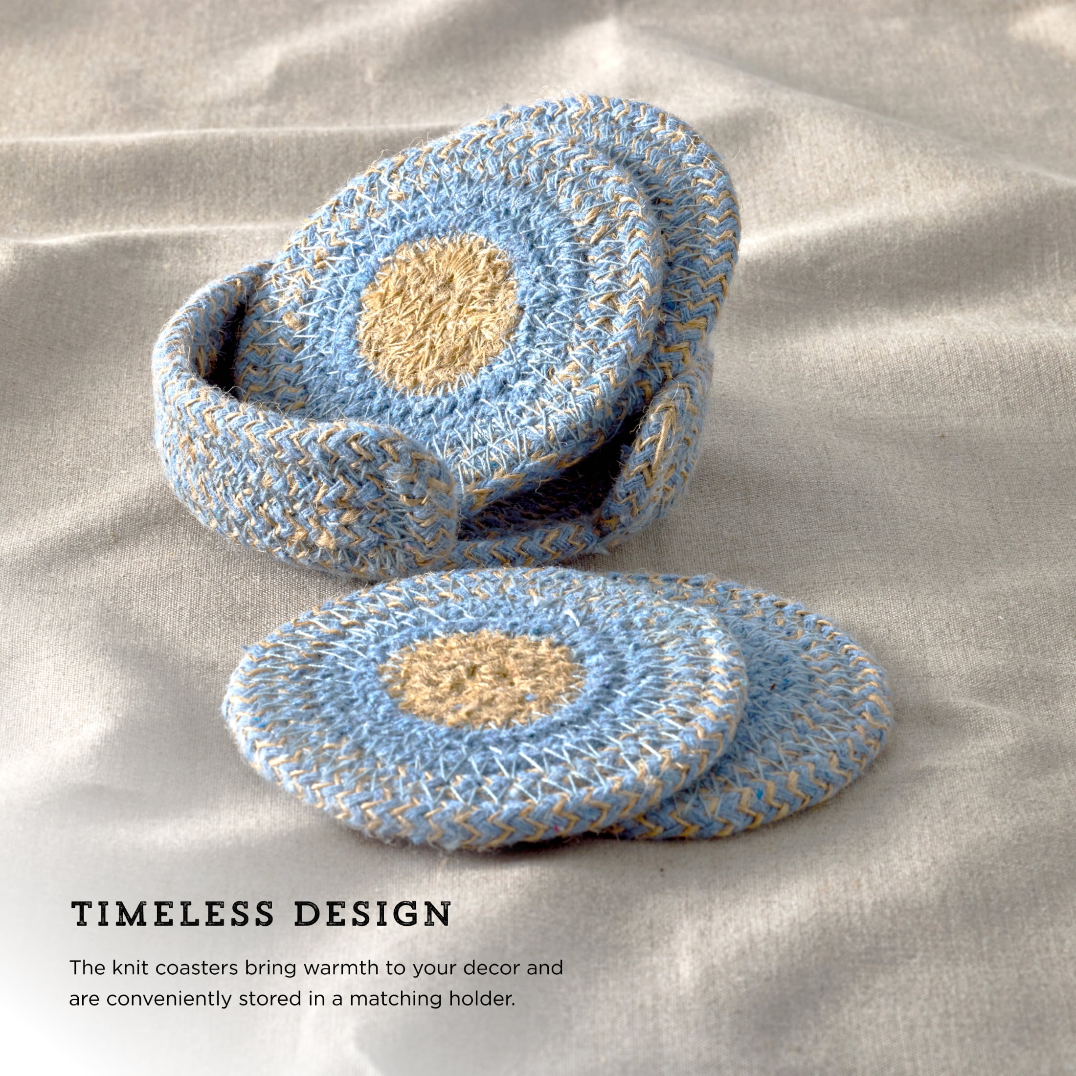 Kamenstein 4 Piece Jute & Cotton Coaster Set with Holder, Blue