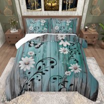 jejeloiu Cute Floral Blossom Bedding Comforter Set,Old Wooden Plank Twin Comforter Sets,Country Farmhouse Lodge Bedding Set For Adults,Breathable Home Decor,2-Piece