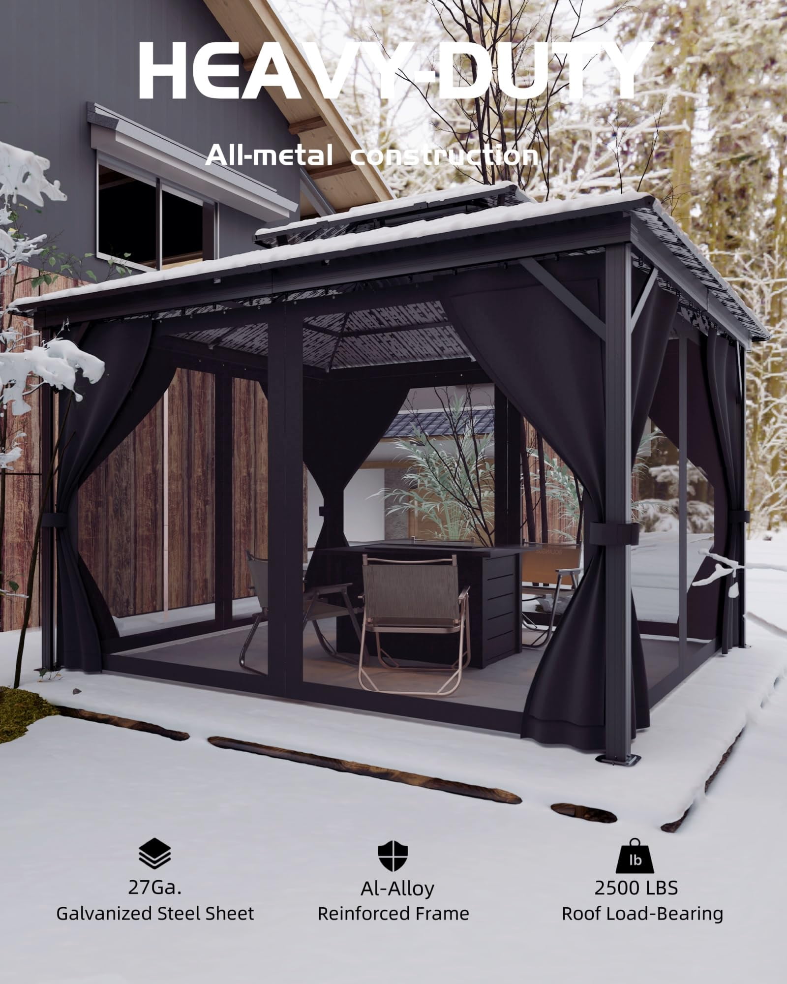 Hardtop Gazebo for Patio and Garden - Double Metal Roof, All-Weather Aluminum Pavilion with Mosquito Netting & Privacy Curtains, Heavy-Duty Outdo – 10x12FT – Black Spray + Gray Cloth Black Mesh