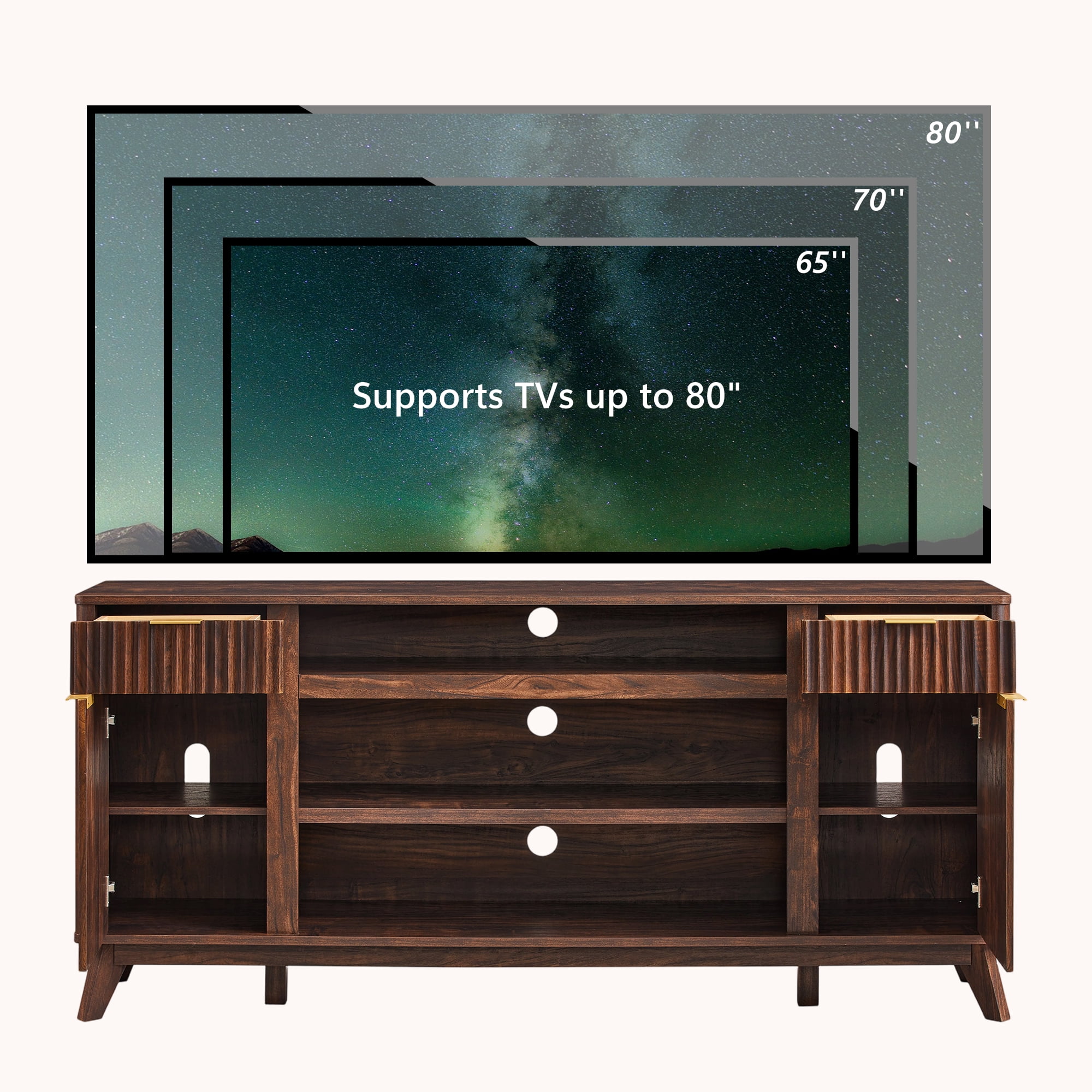 KeyWhat 70" Mid-Century Modern TV Stand for 75" TV, Fluted Doors, Drawers & Adjustable Shelves