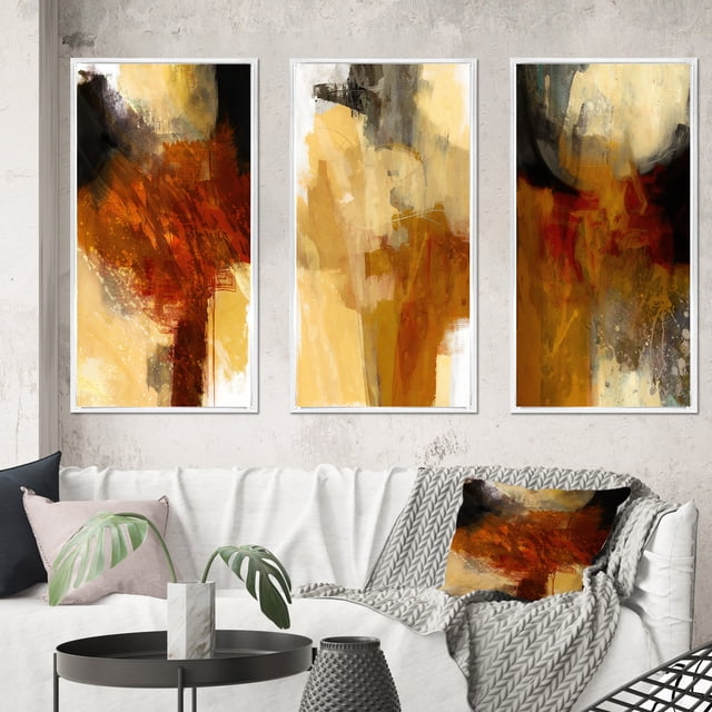 Designart "Mysteries of Terra Rosa - Earth's Intrigue I" Abstract Framed Wall Art Set Of 3 - Brown Modern Frame Canvas Set For Living Room Decor