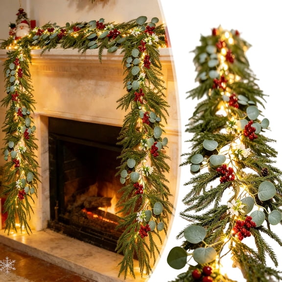 Celsvanis Christmas Norfolk Pine Garland with LED String Lights Artificial Lighted Xmas Greenery Holiday Decor for Mantel Balcony Home Indoor Outdoor