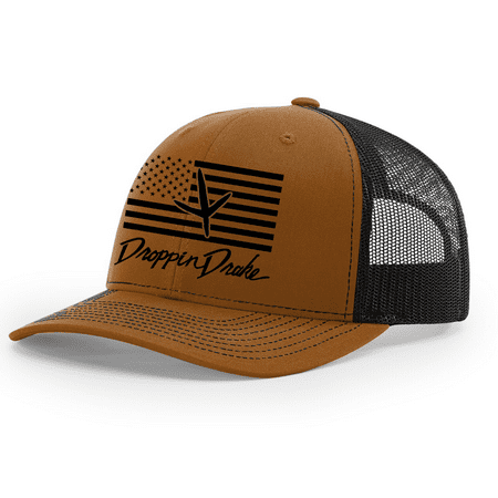Mens Droppin Drake Turkey Footprint on American Flag Southern Hunting Mens Embroidered Mesh Back Trucker Hat-Caramel/Black
