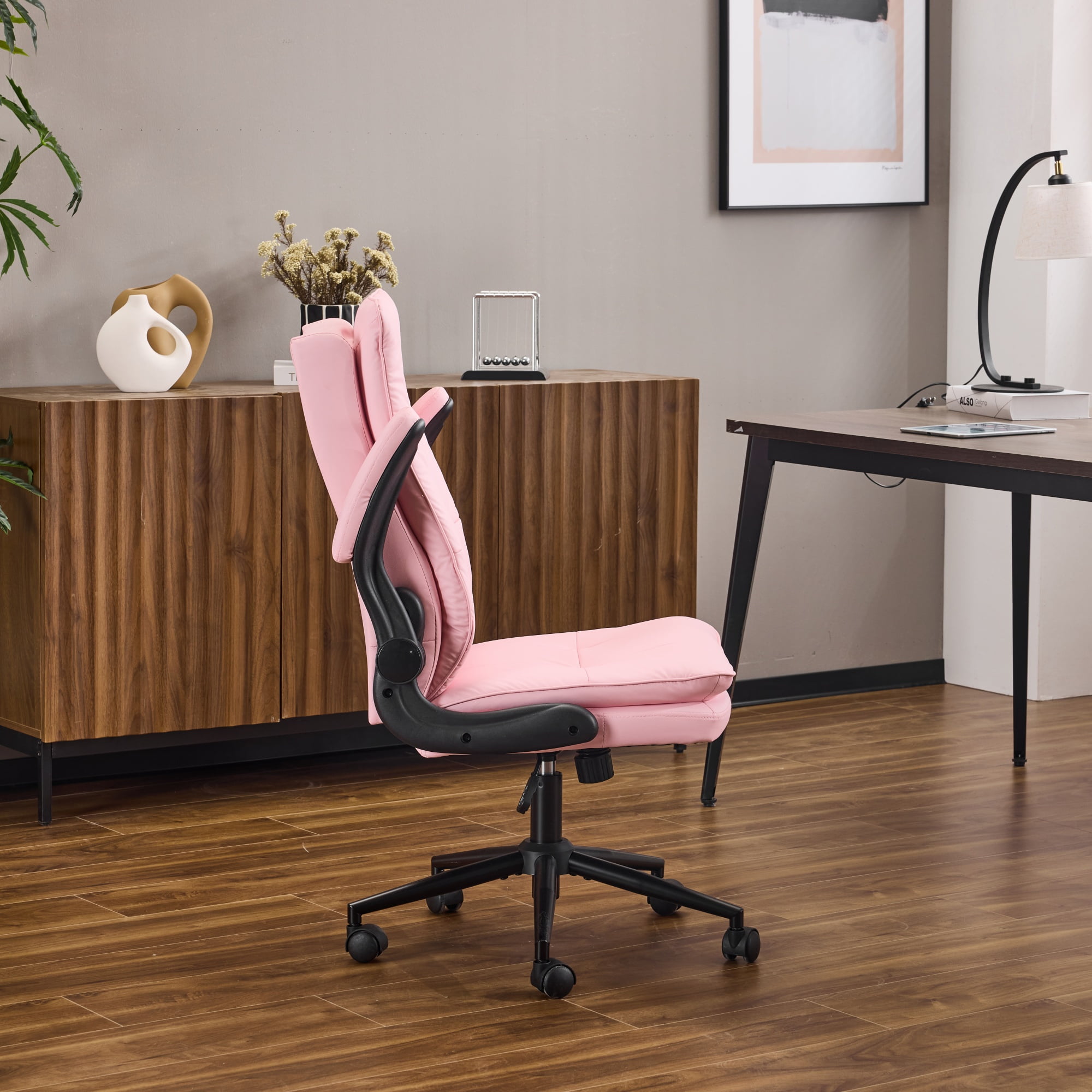 Ktaxon High Back Office Chair – Swivel Desk Chair with Wheels, Adjustable Height & Flip-Up Armrests, Cat Scratch Resistant Fabric Pink