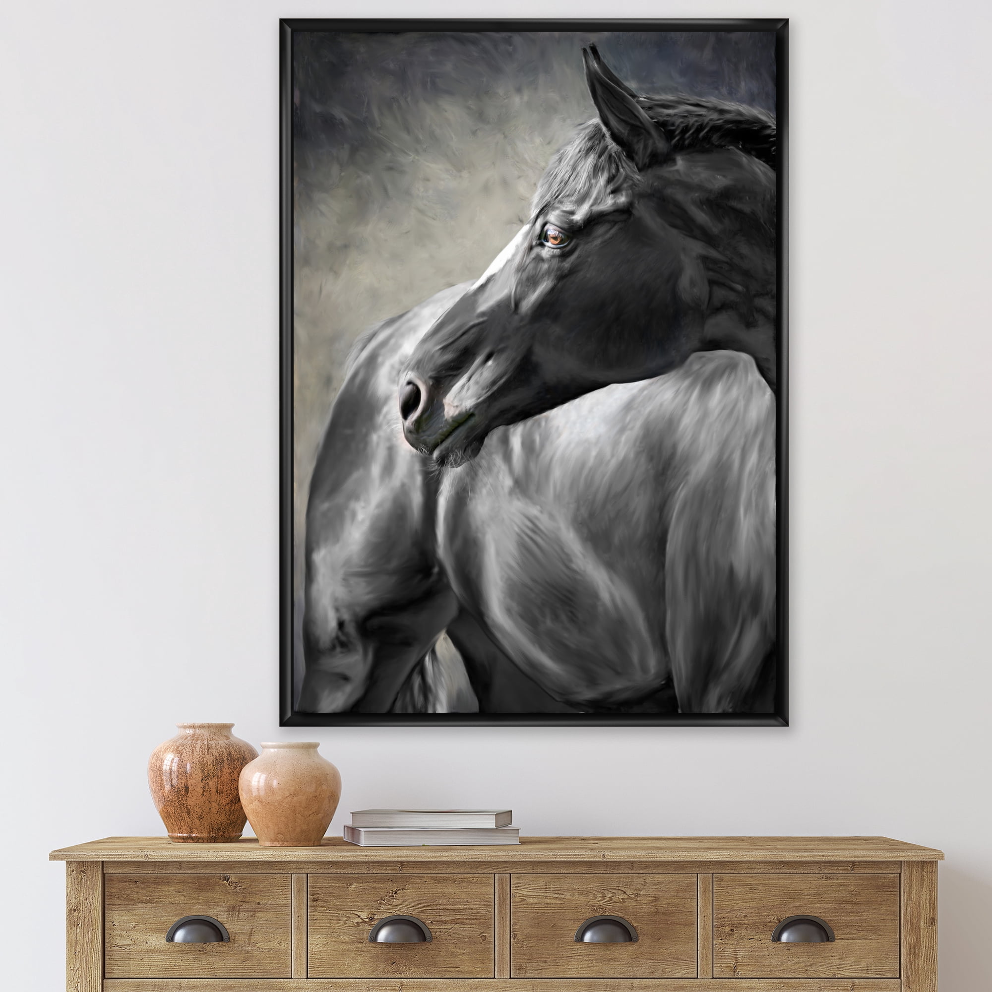 Designart 'Close Up Of A Black Horse' Farmhouse Framed Canvas Wall Art Print