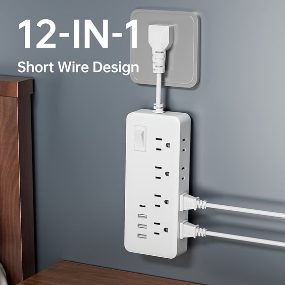 12-in-1 Power Strip with 8 AC Outlets, 3 USB Ports, 1 USB-C, Surge & lightning Protection, Master Switch, Short Cord for Home Office