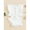 thumbnail image 2 of Suealasg 2Pcs Kids Baby Girl Summer Clothes 6M 1T 2T 3T 4T Toddler Girl Casual Beach Outfits Fly Sleeve Button Down Ruffled Tops Bow Elastic Waist Shorts Set, 2 of 6