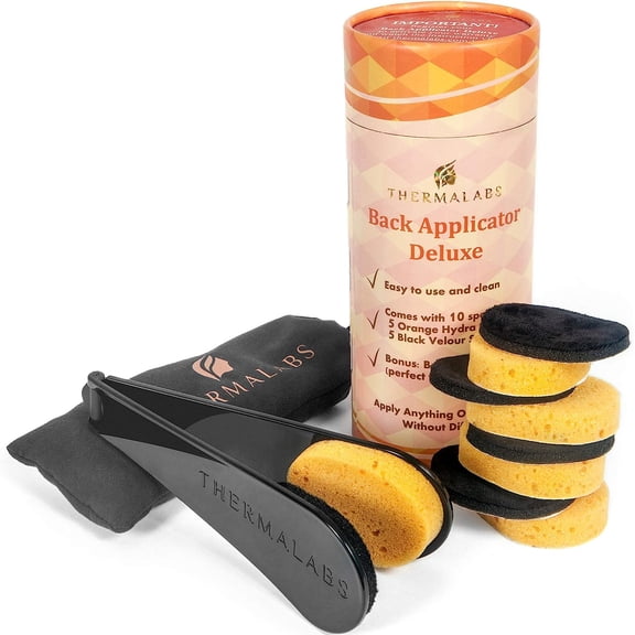Back Applicator Deluxe: Apply Lotion or Medicine by Yourself on Unreachable Parts of Your Body! Folding Application Tool Set With Long Reach Handle Stick. Comes With 5 Sponges and a Prestigious Pouch