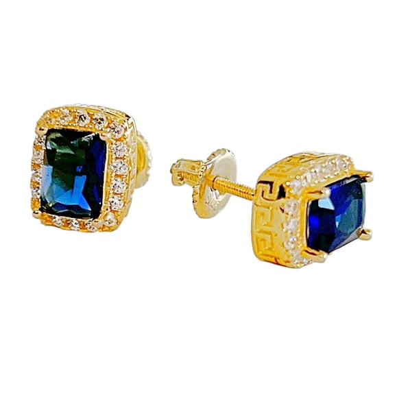 14K Gold Plated over Real 925 Sterling Silver Hip Hop Earrings Big Blue Stone Simulated CZ