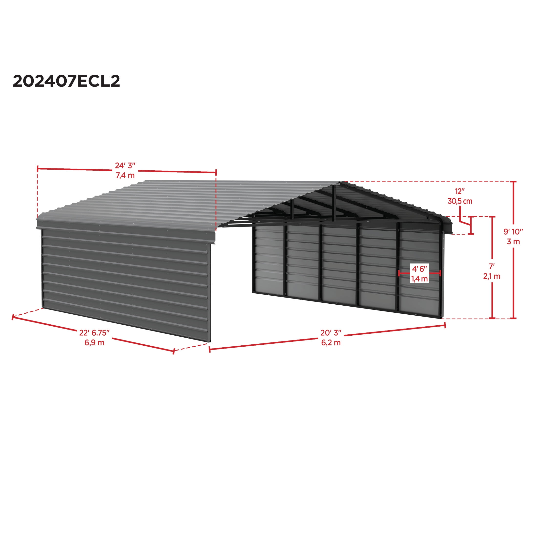 Arrow 20 x 24 x 7 ft Eggshell Steel Carport With 2 Side Wall Kit