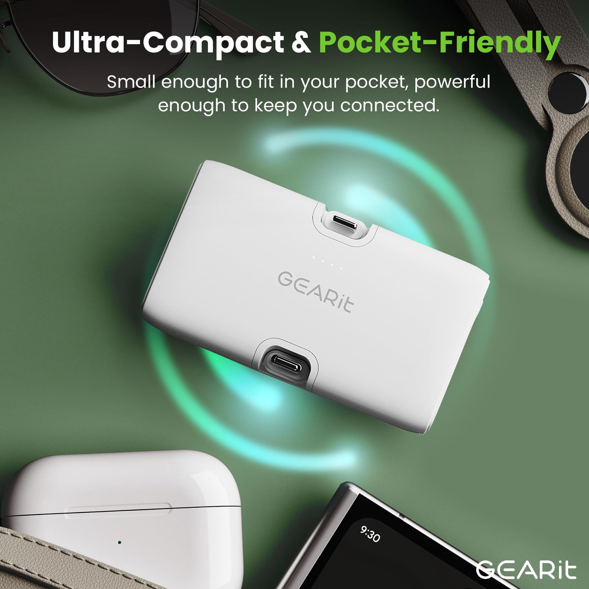 GEARit 5000mah Power Bank - Dual Output, Mini Battery Pack with Integrated USB-C and Lightning Connectors - Compact, Small Portable Charger Compatible - White