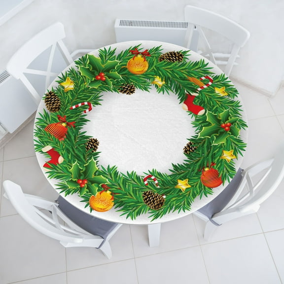 Ambesonne Christmas Fitted Round Tablecloth, Evergreen Wreath Art, 40"- 44" Diameter, Green White