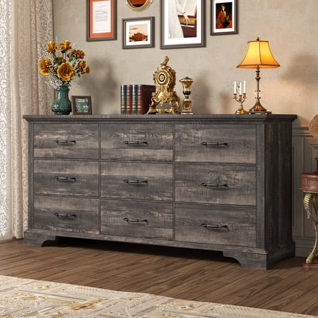 9 Drawers Dresser 63 L Farmhouse Dressers for Bedroom & Chest of Drawers Solid Wood TV Stand with Large Metal Handle Dark Rustic Oak