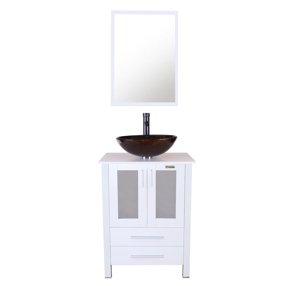 24" Bathroom Vanity White Drop in Rectangle Ceramic Sink Mirror Faucet Drain Set 