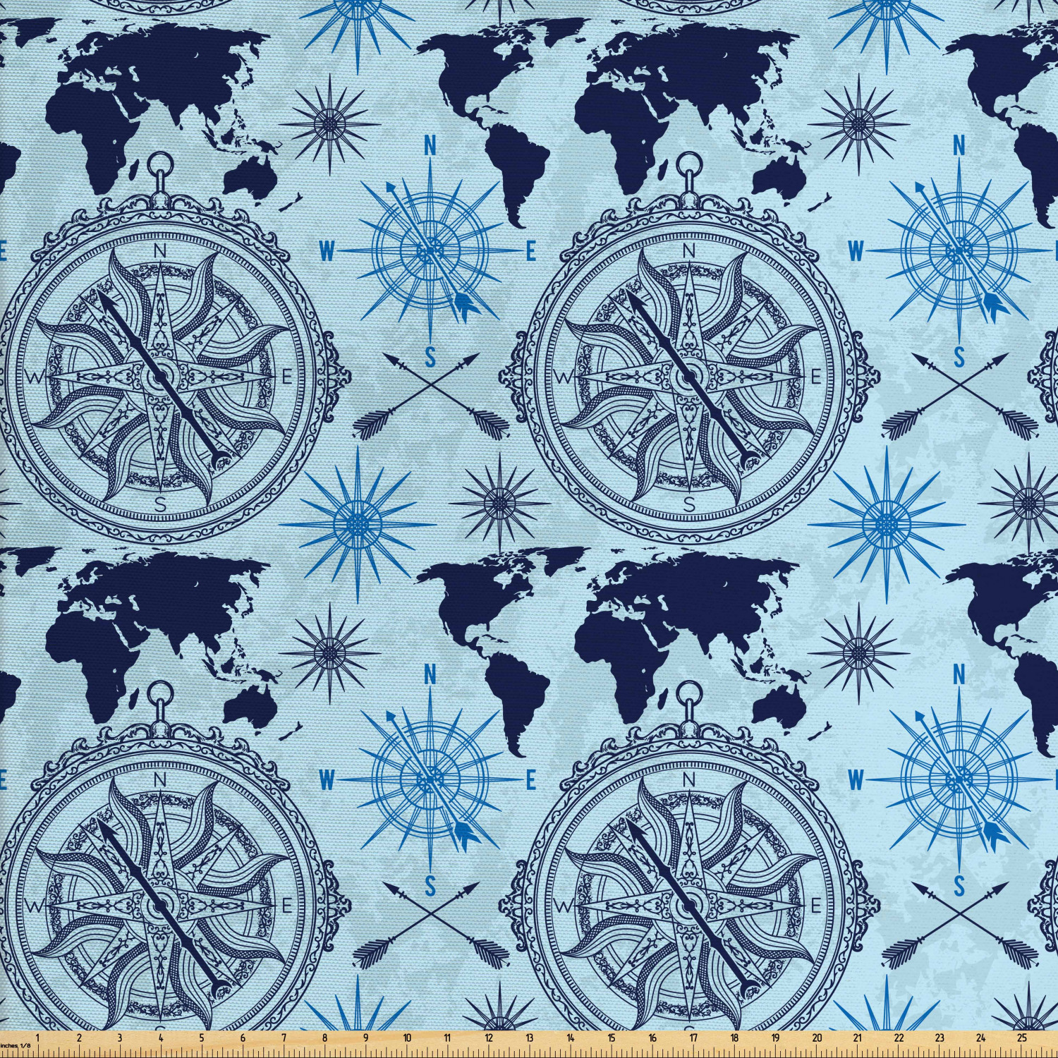 Compass Fabric by The Yard, World Map Pattern Vintage Inspirations