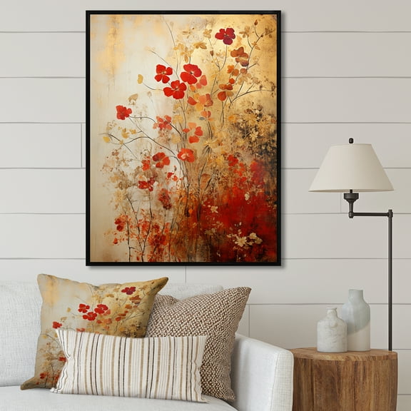 Designart "Floral Japanese Tiles in Gold and Red I" Abstract Framed Wall Art - Modern Red Abstract Botanicals Bedroom Framed Canvas Wall Art