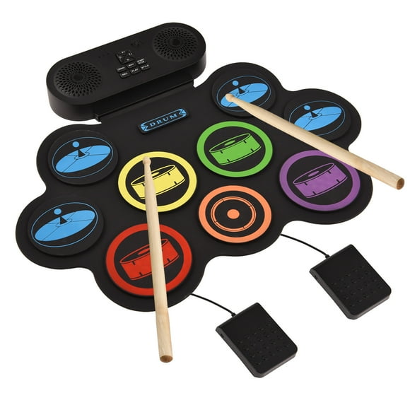 Electronic Drum Set Hand Roll Drum Set 9 Pads Supports DTX Gaming/BT Accompaniment with Dual Speaker 7 Drum Styles 6 Rhythms 10 Demo Songs Practice Pad Drum Kit with Drumsticks Foot Pedal
