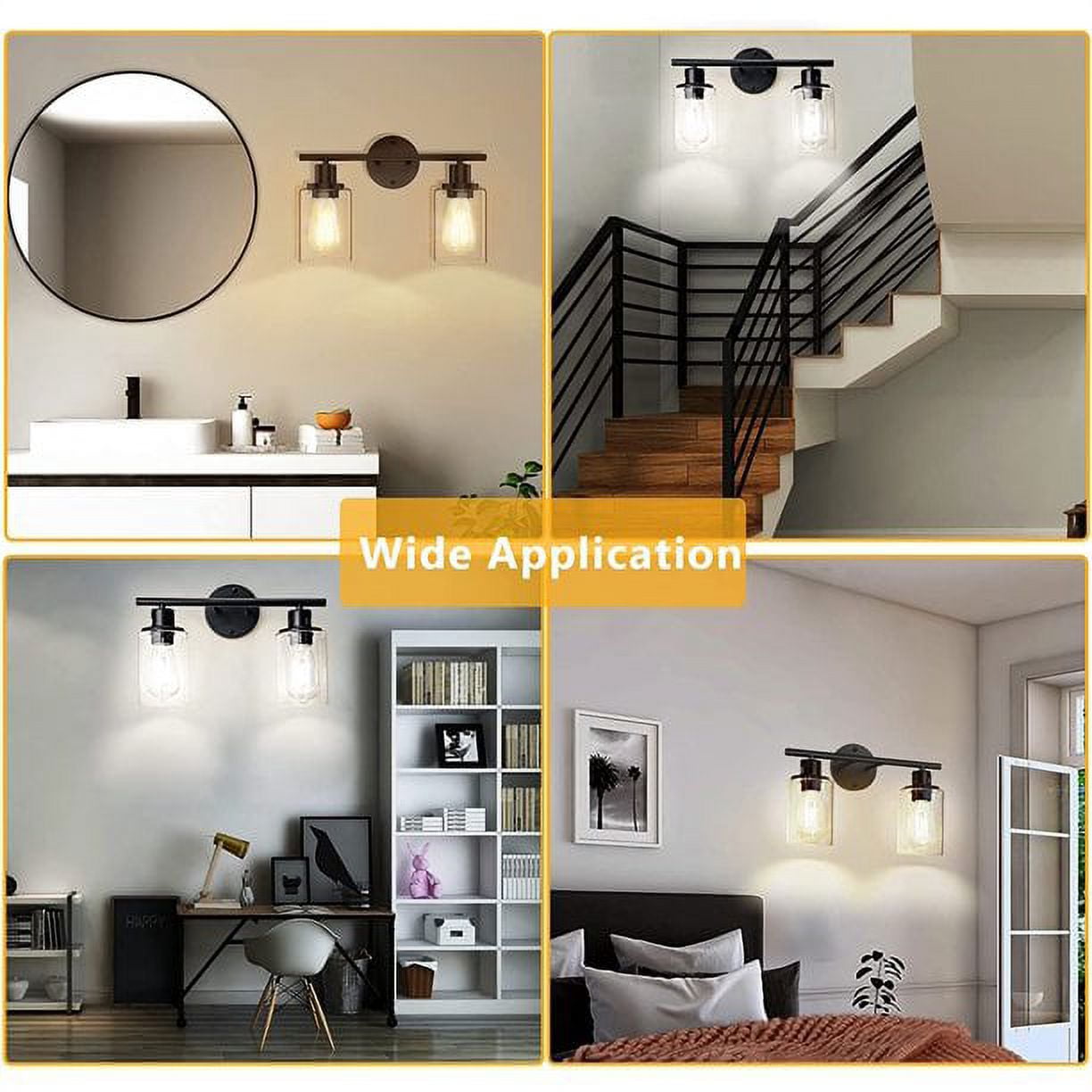 Bathroom Light Fixtures 2 Light Matte Black Vanity Light, Vintage Wall Sconces Lighting Modern Bath Wall Mounted Lights with Glass