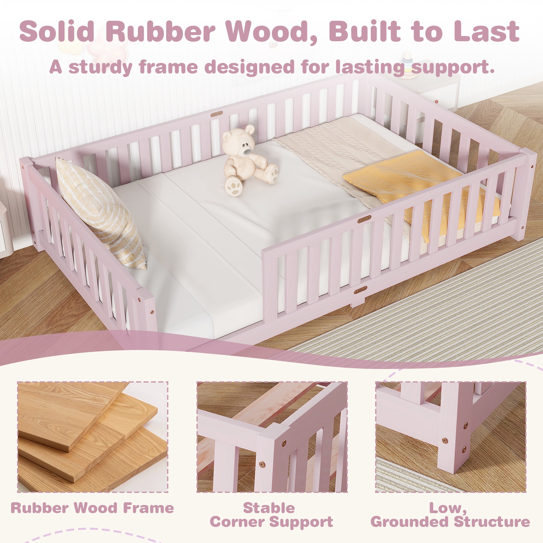 Sesslife Twin Montessori Floor Bed, Wood Twin Size Floor Bed Frame with Safety Guardrails and Slats, Low Profile Toddler Bed for Kids Boys and Girls, No Box Spring Needed, Pink