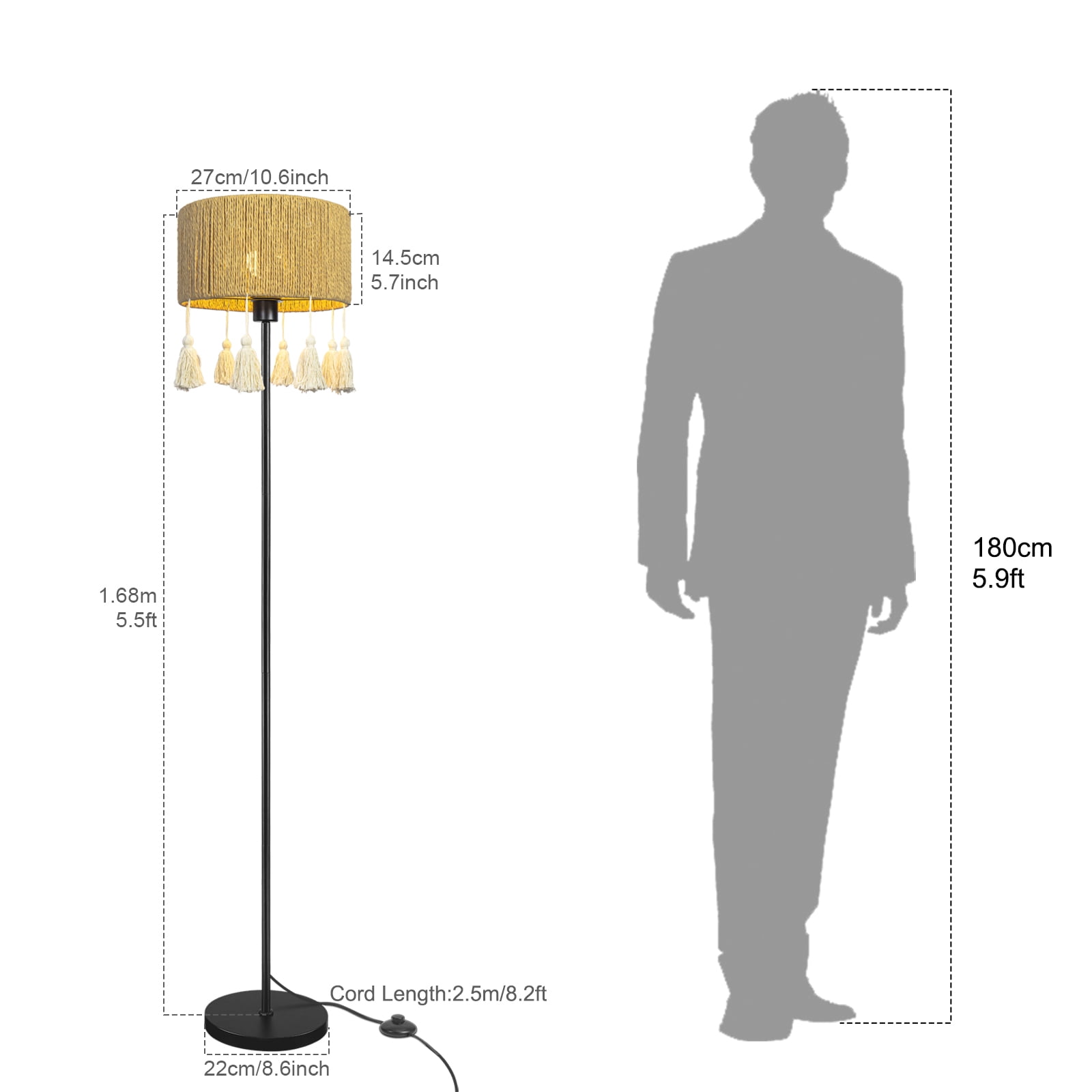 Paper Woven Fringe Floor Lamp with Foot Switch, Standing Lamp for Living Room Bedroom Sofa Reading