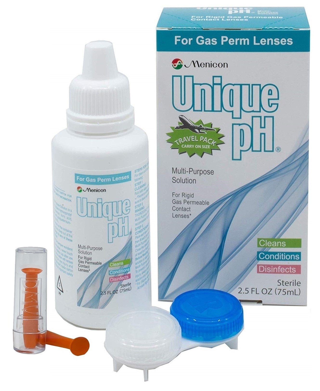 Menicon Unique pH Saline Solution Travel Pack 2.5 Oz and DMV Lens Remover, Bundle