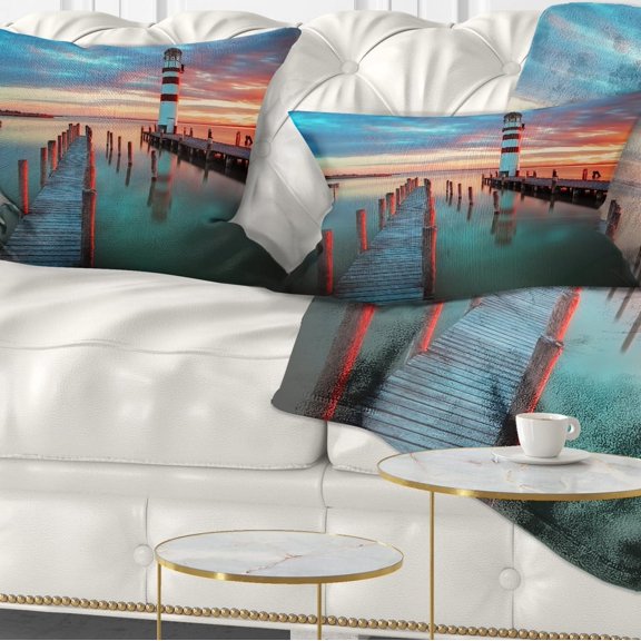 Designart Lighthouse at Lake in Neusiedl am See - Landscape Printed Throw Pillow - 12x20