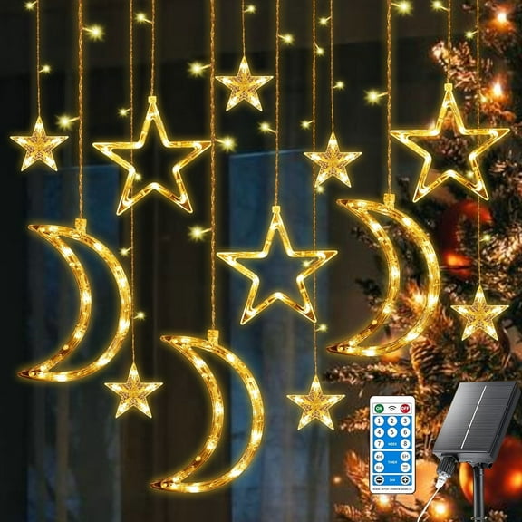 Rirool 138LED Solar String Lights with Remote, USB Rechargeable & Solar Powered, 8 Modes Waterproof Fairy Lights for Patio, Garden, Wedding (Star & Moon Design)