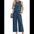 thumbnail image 2 of Conjunto de Dos Piezas de Verano para Mujer: Top Corto Básico Sin Mangas con Cuello Redondo y Pantalones Anchos con Bolsillos Azul Oculto S, 2 of 6