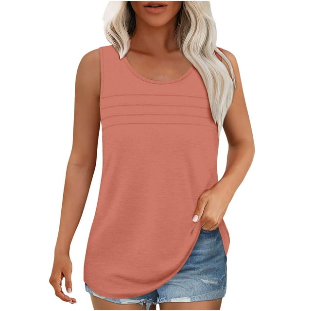 Besolor Womens Summer Sleeveless Shirts 2025 Casual Round Neck Tank Tops Loose Solid Color Basic Tee Plus Size