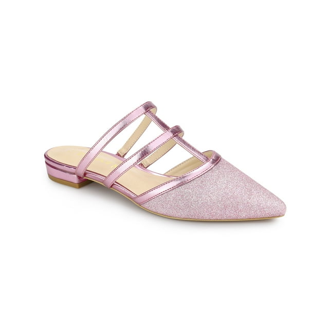 BLISSFUL STEP Women's Glitter Pointy Toe Flats Mules Pink 6
