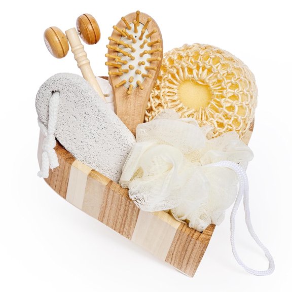 Bella Ciao Body and Skincare Set with Face Roller, Hair Brush, Soft Loofah, and Wooden Tray, 6 Piece Set