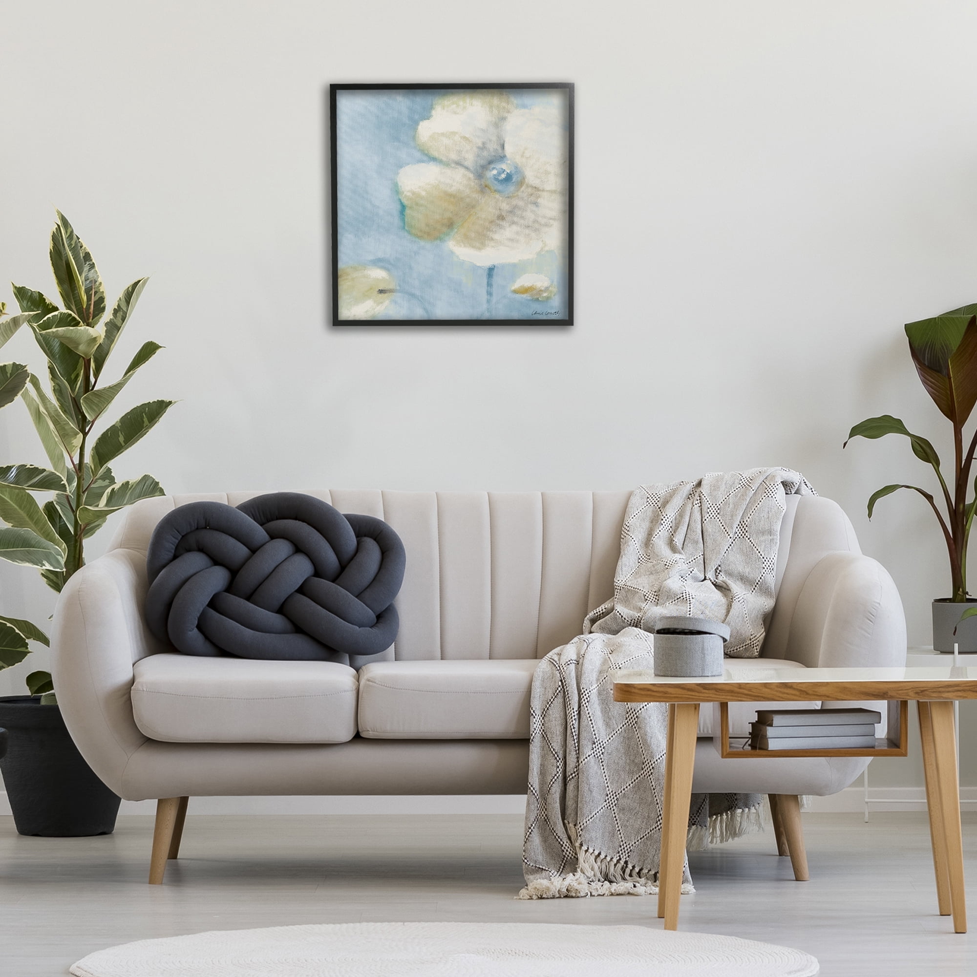 Stupell Industries White Blossom on Blue Botanical & Floral Painting Black Framed Art Print Wall Art, 24 x 24