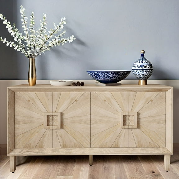 HIUU Wood Sideboard Cabinet with Adjustable Shelves,Credenza Storage Cabinet for Office with 4 Radiating Panel Doors,60 Inch TV Stand for Living Room(Antique Natural)