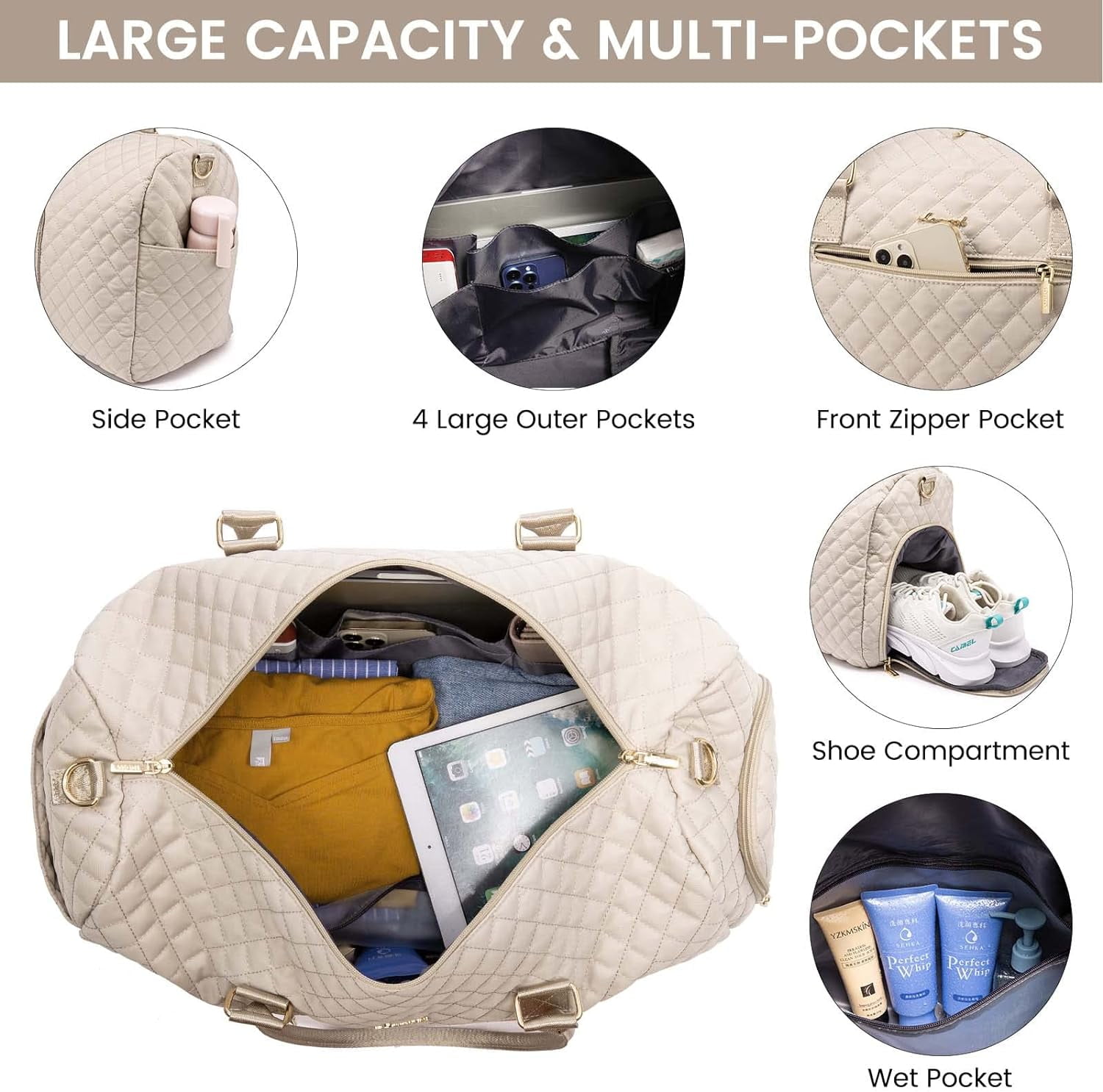 Travel Duffle Bag, Weekender Bag for Women with Toiletry Bag, Carry on Overnight Bag with Shoe Compartment, Gym Duffel Bag with Wet Pocket, Mommy Hospital Bags for Labor and Delivery