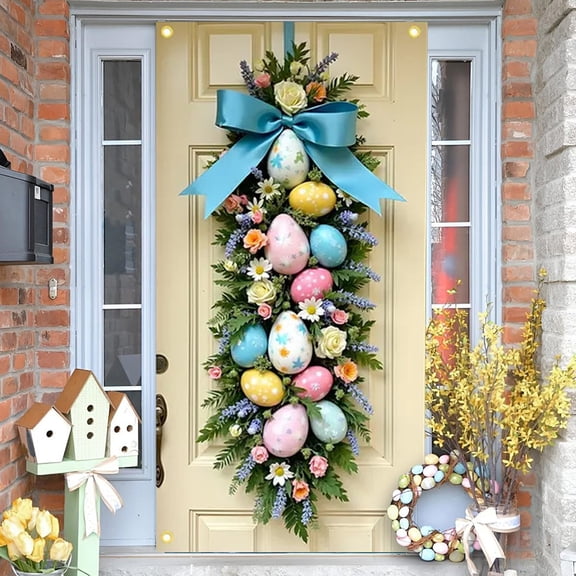 Weloille Easter Door Cover Decorationation, 1 Piece Rabbit Pattern Vertical Door Banner, Waterproof Reusable Fabric, Holiday Party Decoration for Front Door, Outdoor Photo Booth and Easter Events
