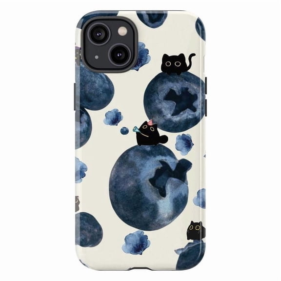 Black Cat Blueberry Phone Case, Cute Kitten Floral Pattern Cover for iPhone 17 16 15 14 13 12 11 Pro Plus Mini