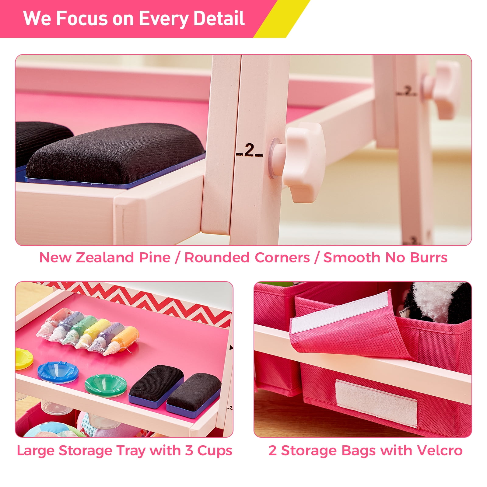 FUNLIO Kids Art Easel, 3 Height Adjustable for Kids Aged 2-8, Toddler Easel with Paper Roll, Anti-Warp & Magnetic Chalkboard/Whiteboard, All-in-One Standing Easel with Erasable Frame (Pink)