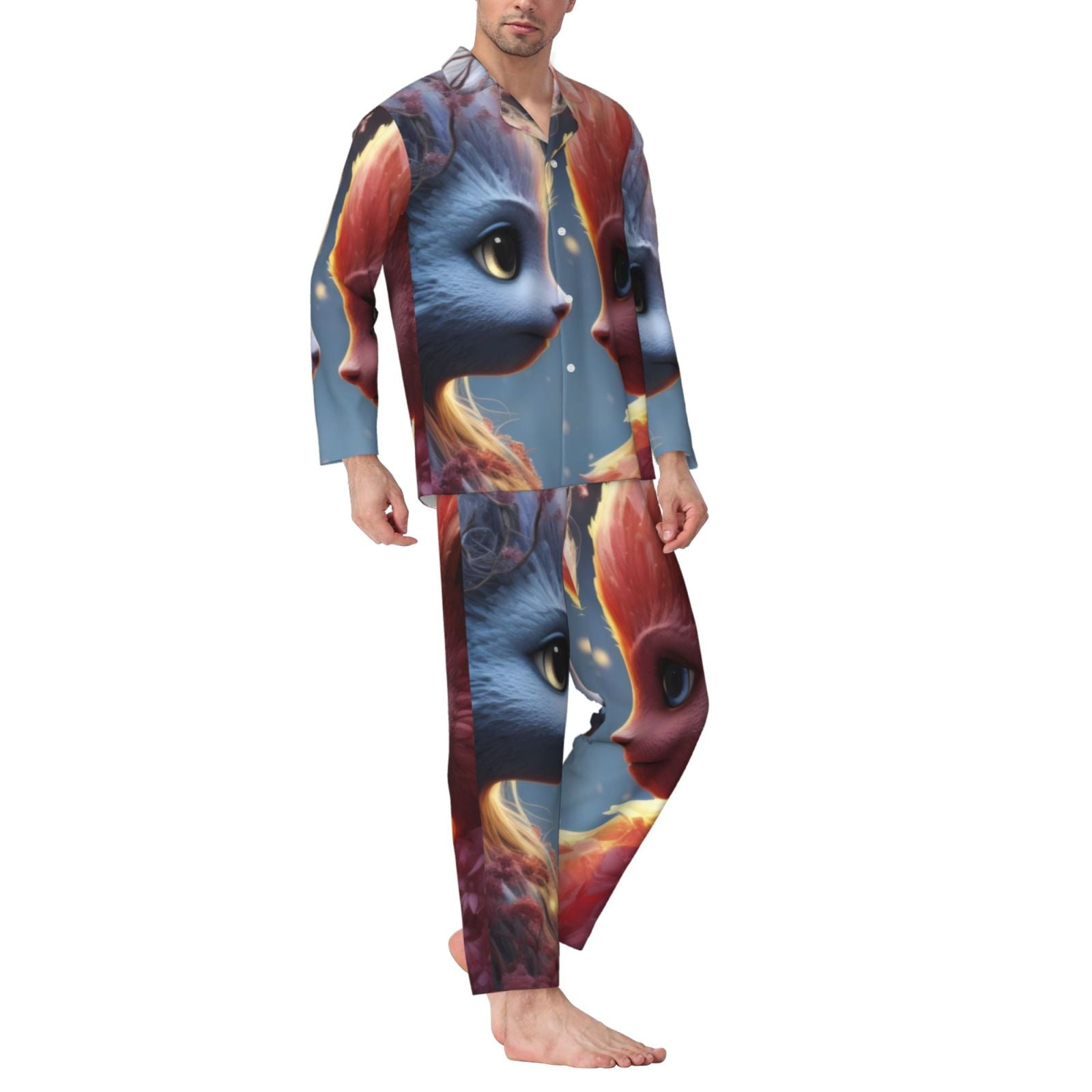 Picia Cute Red And White Elf Pattern Men’s Long-Sleeve Sleepwear Set - Soft 2-Piece Loungewear with Pockets, Comfy PJs for Relaxing Nights-Large